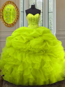 Pick Ups Ball Gowns Quinceanera Dress Yellow Green Sweetheart Organza Sleeveless Floor Length Lace Up