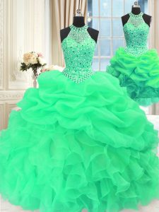 Fantastic Three Piece Organza Sleeveless Floor Length Sweet 16 Quinceanera Dress and Beading and Pick Ups