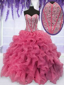 Exceptional Sleeveless Floor Length Beading and Ruffles Lace Up Quinceanera Gown with Pink