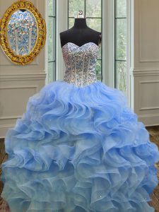 Unique Blue Sweetheart Lace Up Beading and Ruffles Vestidos de Quinceanera Sleeveless