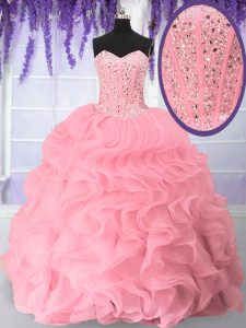 Top Selling Pink Sweetheart Neckline Beading and Ruffles Vestidos de Quinceanera Sleeveless Lace Up