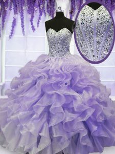 Extravagant Floor Length Lace Up Quince Ball Gowns Lavender for Military Ball and Sweet 16 and Quinceanera with Beading and Ruffles