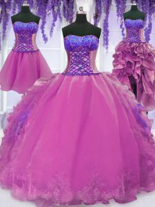 Four Piece Lilac Ball Gowns Organza Sweetheart Sleeveless Appliques and Embroidery Floor Length Lace Up Quinceanera Dresses