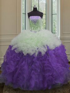 White And Purple Ball Gowns Beading and Ruffles Sweet 16 Quinceanera Dress Lace Up Organza Sleeveless Floor Length