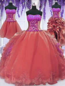 Trendy Four Piece Floor Length Lace Up Quince Ball Gowns Watermelon Red for Military Ball and Sweet 16 and Quinceanera with Embroidery and Ruffles