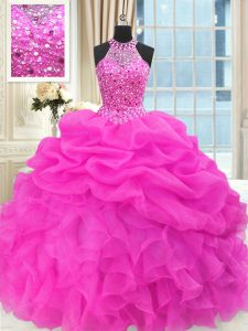 Pick Ups Hot Pink Sleeveless Organza Lace Up 15th Birthday Dress for Military Ball and Sweet 16 and Quinceanera