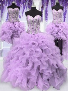 Four Piece Floor Length Lace Up Quinceanera Gowns Lavender for Military Ball and Sweet 16 and Quinceanera with Ruffles and Sequins