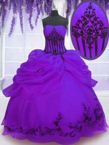 Purple Organza Lace Up Quinceanera Dresses Sleeveless Floor Length Embroidery