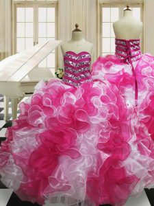 Floor Length Pink And White Sweet 16 Quinceanera Dress Sweetheart Sleeveless Lace Up
