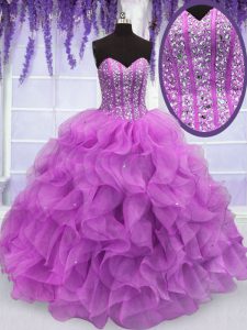 Lilac Ball Gowns Sweetheart Sleeveless Organza Floor Length Lace Up Beading and Ruffles Quinceanera Gown