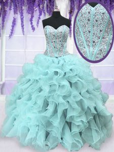 Sweet Light Blue Sleeveless Beading and Ruffles Floor Length 15th Birthday Dress