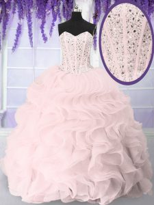 Free and Easy Pink Sweetheart Neckline Beading and Ruffles Quinceanera Gown Sleeveless Lace Up
