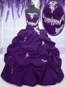 Purple Taffeta Lace Up Sweetheart Sleeveless Floor Length Sweet 16 Quinceanera Dress Appliques and Pick Ups
