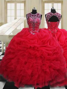 Graceful Pick Ups Ball Gowns 15th Birthday Dress Red Scoop Organza Sleeveless Floor Length Lace Up