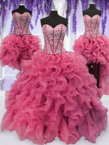 Sophisticated Four Piece Pink Ball Gowns Organza Sweetheart Sleeveless Ruffled Layers and Sequins Floor Length Lace Up Sweet 16 Quinceanera Dress