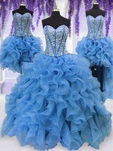 Four Piece Blue Ball Gowns Sweetheart Sleeveless Organza Floor Length Lace Up Ruffles and Sequins Quinceanera Gowns