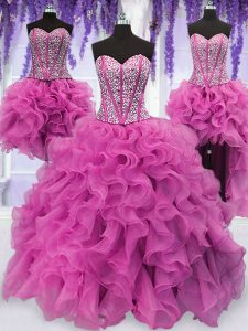 Classical Four Piece Lilac Sleeveless Ruffles and Sequins Floor Length Quinceanera Gowns