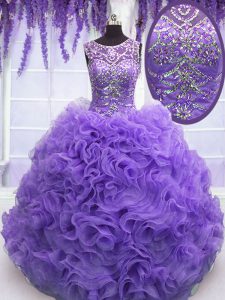 Scoop Lavender Organza Lace Up Ball Gown Prom Dress Sleeveless Floor Length Beading and Ruffles