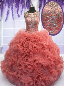Elegant Scoop Sleeveless Ball Gown Prom Dress Floor Length Beading and Ruffles Coral Red Organza