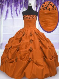 Orange Red Taffeta Lace Up Quinceanera Gowns Sleeveless Floor Length Embroidery and Pick Ups