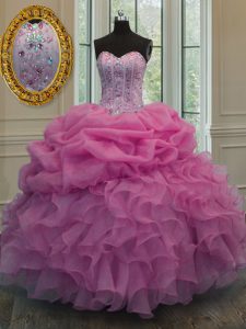 Rose Pink Ball Gowns Beading and Ruffles and Pick Ups 15 Quinceanera Dress Lace Up Organza Sleeveless Floor Length