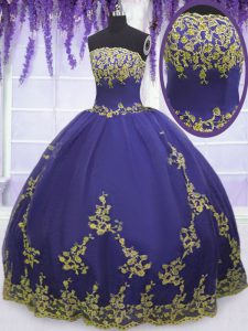 Elegant Purple Ball Gowns Tulle Strapless Sleeveless Appliques Floor Length Zipper Vestidos de Quinceanera