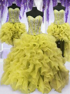 Four Piece Light Yellow Sleeveless Organza Lace Up Sweet 16 Dress for Military Ball and Sweet 16 and Quinceanera