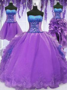 Four Piece Embroidery and Ruffles Quince Ball Gowns Lavender Lace Up Sleeveless Floor Length