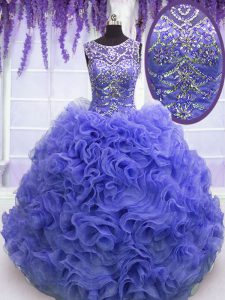 Custom Designed Scoop Beading and Ruffles Quinceanera Dress Purple Lace Up Sleeveless Floor Length
