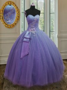 Lovely Lavender Ball Gowns Beading and Ruching and Bowknot 15th Birthday Dress Lace Up Tulle and Sequined Sleeveless Floor Length
