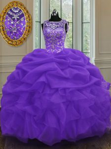 Vintage Organza Scoop Sleeveless Lace Up Beading and Pick Ups 15 Quinceanera Dress in Eggplant Purple
