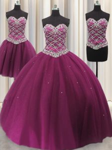 Three Piece Fuchsia Ball Gowns Tulle Sweetheart Sleeveless Beading and Sequins Floor Length Lace Up Quinceanera Gown