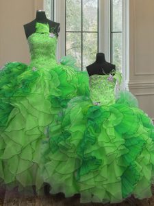 Admirable Green Ball Gowns Beading and Ruffles 15 Quinceanera Dress Lace Up Organza Sleeveless Floor Length