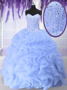 Luxury Floor Length Lace Up Ball Gown Prom Dress Light Blue for Military Ball and Sweet 16 and Quinceanera with Beading and Ruffles
