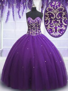 Sleeveless Floor Length Beading Lace Up Sweet 16 Quinceanera Dress with Eggplant Purple