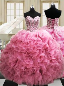 Sweetheart Sleeveless Lace Up Quince Ball Gowns Rose Pink Organza