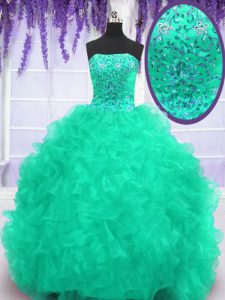 Colorful Turquoise Ball Gowns Beading and Appliques and Ruffles Quinceanera Dress Lace Up Organza Sleeveless With Train