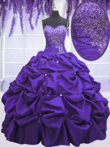 Beading and Pick Ups Ball Gown Prom Dress Purple Lace Up Sleeveless Floor Length