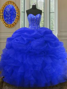 Pick Ups Ball Gowns Ball Gown Prom Dress Royal Blue Sweetheart Organza Sleeveless Floor Length Lace Up