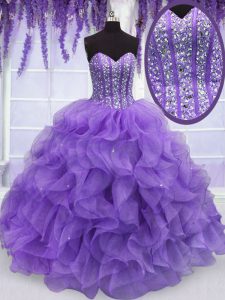 Dynamic Sweetheart Sleeveless Quinceanera Gown Floor Length Beading and Ruffles Lavender Organza