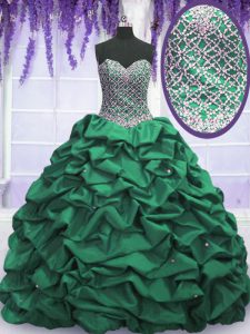 New Style Dark Green Taffeta Lace Up Sweet 16 Dress Sleeveless Floor Length Beading and Sequins and Pick Ups
