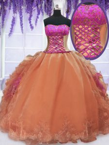 Organza Strapless Sleeveless Lace Up Embroidery and Ruffles Sweet 16 Dresses in Orange