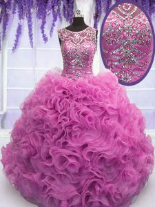 Scoop Lilac Ball Gowns Beading and Ruffles Quinceanera Gowns Lace Up Organza Sleeveless Floor Length