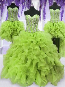 Four Piece Yellow Green Lace Up Sweet 16 Quinceanera Dress Beading and Ruffles Sleeveless Floor Length
