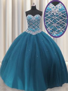 Teal Tulle Lace Up Sweet 16 Dress Sleeveless Floor Length Beading and Sequins