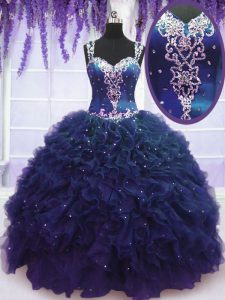 Straps Navy Blue Sleeveless Beading and Ruffles Floor Length Quince Ball Gowns