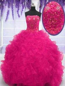 Fuchsia Ball Gowns Beading and Ruffles Sweet 16 Quinceanera Dress Lace Up Organza Sleeveless With Train