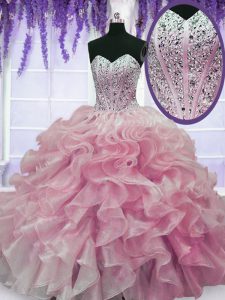 Elegant Beading and Ruffles Quinceanera Gown Rose Pink Lace Up Sleeveless Floor Length