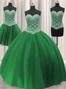 Three Piece Beading and Sequins Quinceanera Gowns Green Lace Up Sleeveless Floor Length