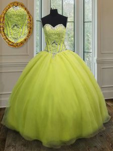 Spectacular Sweetheart Sleeveless Lace Up Sweet 16 Dress Yellow Green Organza